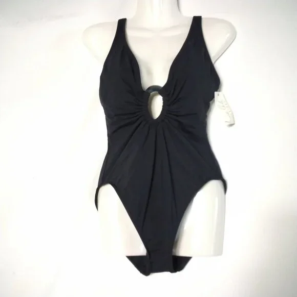 Anne Cole Signature 1 Pc. Black W/Silver O-Ring Front Maillot Swimsuit NWT Med - Picture 1 of 7